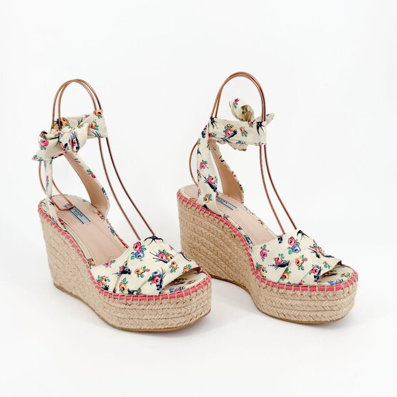 Prada Floral Espadrille Wedge Sandals Size 40 US 10 Ivory Satin Platform Wrap - Picture 1 of 15